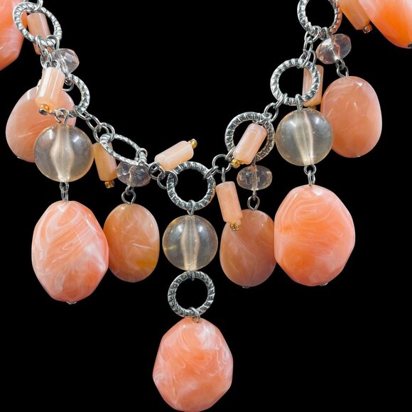 Coral Peach Beaded Statement Necklace Chunky Boho Drop Bib Festival Jewelry - Picture 4 of 6